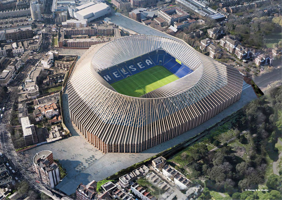 Herzog & de Meuron   представила свой окончательный дизайн для реконструкции   Челси   Лондонский стадион, с добавлением кирпича и стали, он описывает как «современную скульптурную форму» (+ слайд-шоу)